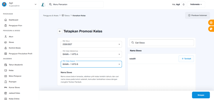 Cara Mengatur Kelas dan Kenaikan Kelas untuk Siswa Pada Website Aerish Akademi