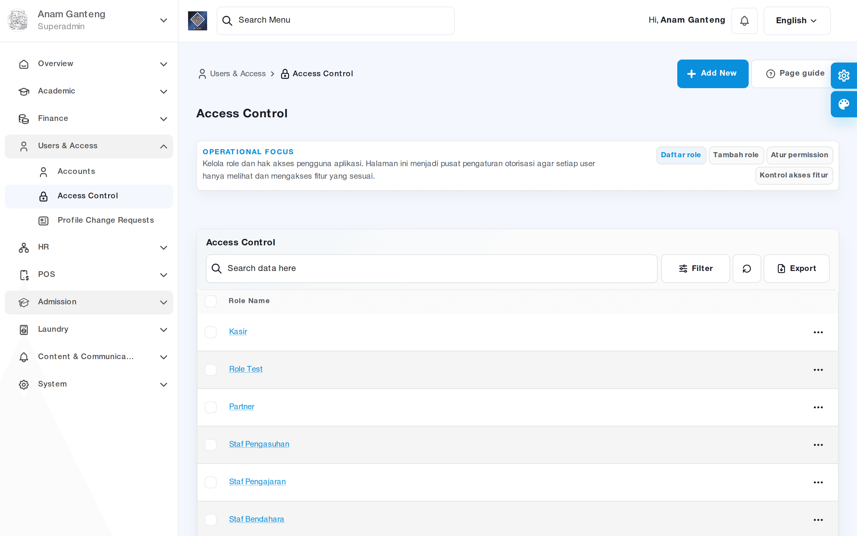 The Access Control (RBAC) page at /admin/access-control for assigning roles and permissions per user
