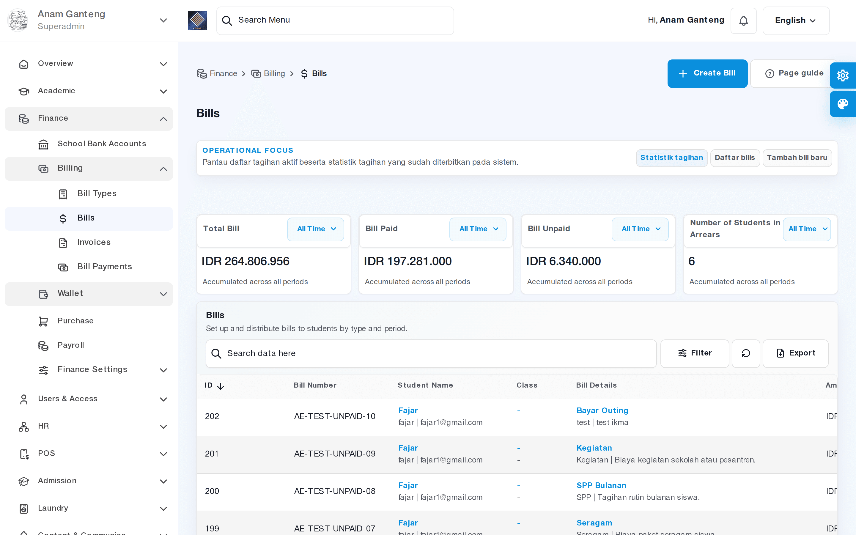 Layar menu Tagihan (/admin/bills) saat menerbitkan tagihan SPP massal per kelas