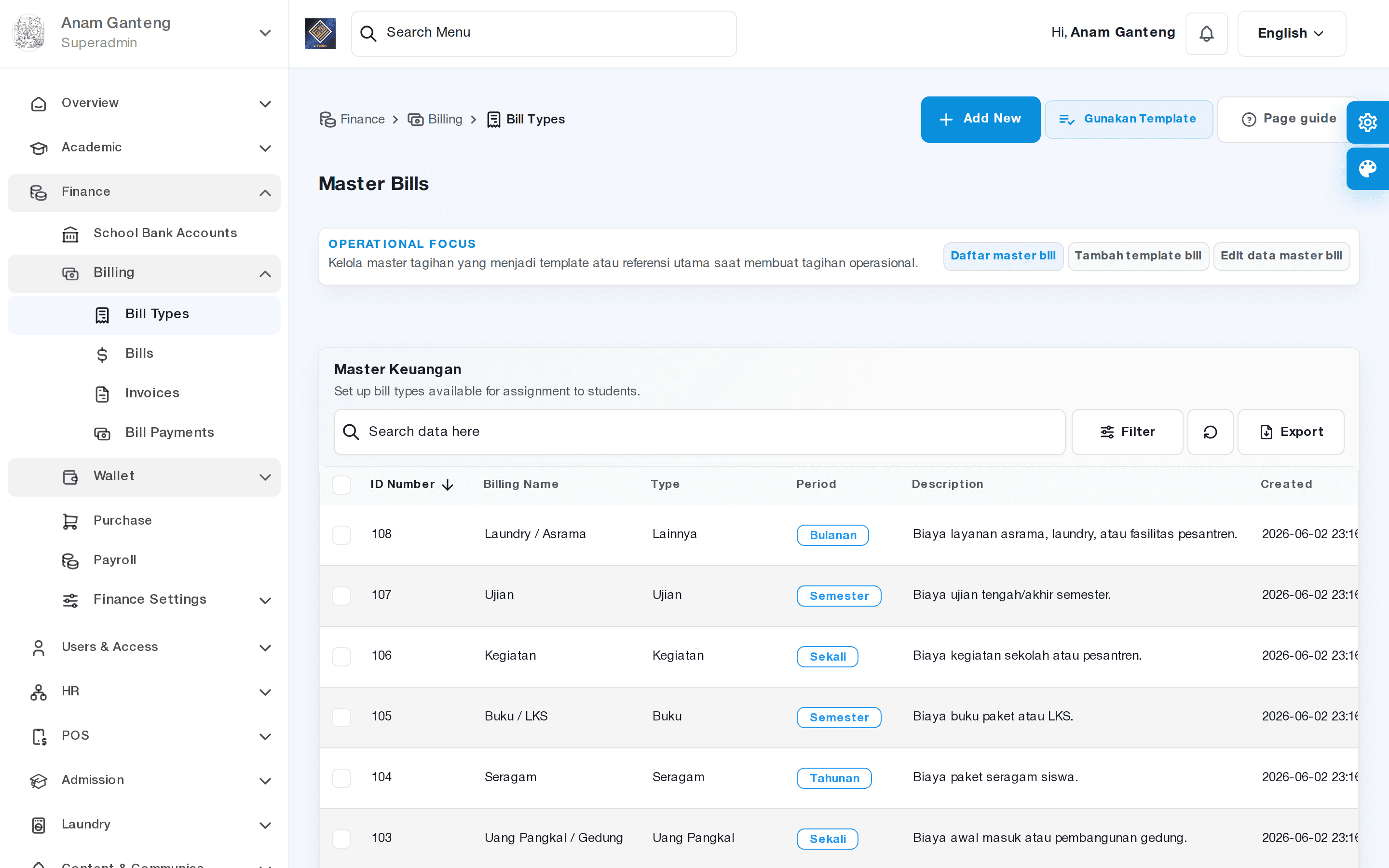 Layar menu Jenis Tagihan (/admin/master-bills) saat membuat jenis tagihan SPP Bulanan baru